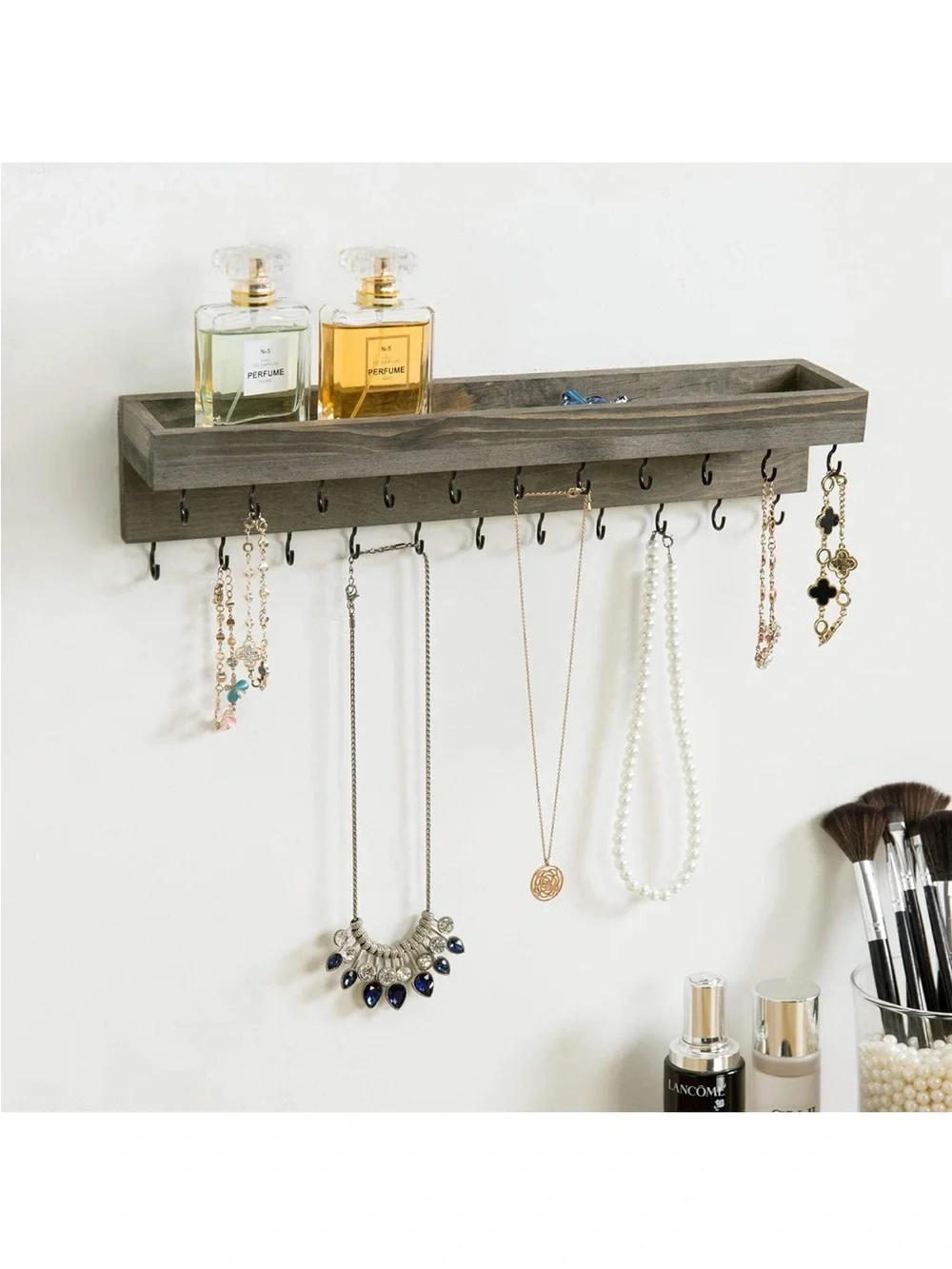 Wood Wall-Mounted Jewelry Organizer Shelf in Gray